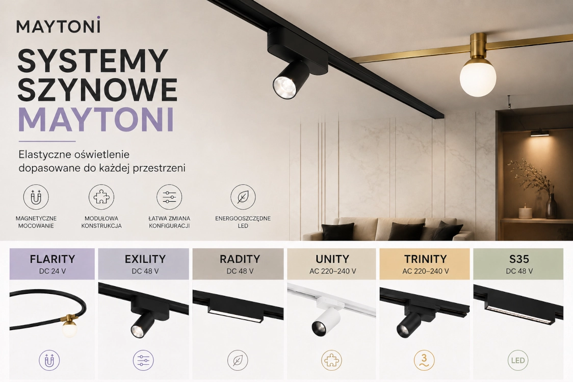 Systèmes sur rail Maytoni : comparez FLARITY, EXILITY, RADITY, UNITY, TRINITY et S35 pour choisir l’éclairage idéal