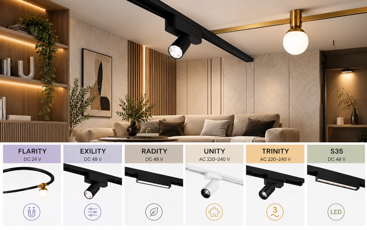 Systèmes sur rail Maytoni : comparez FLARITY, EXILITY, RADITY, UNITY, TRINITY et S35 pour choisir l’éclairage idéal